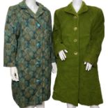 A collection of 50s/60s clothing to include a 40s/50s green coat, a 60s tapestry coat, a 50s dress