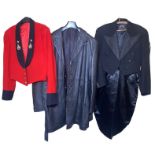 A 60s men's leather coat, a 30s/40s tails coat and a red mess jacket (3) all in ok condition,