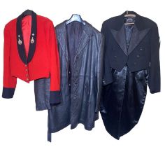 A 60s men's leather coat, a 30s/40s tails coat and a red mess jacket (3) all in ok condition,