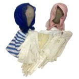 Four cloth bonnets 1800s-50s/60s and a collection of unworn kid gloves
