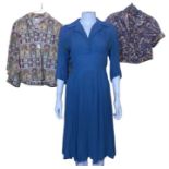 1940s and later clothing to include a 1940s blue crepe dress, a black lace dress with electric