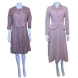 A pink lace 1950s suit, 3 1940s evening gowns and a late 40s/ early 50s suit in pink with paste