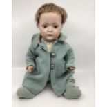 Antique bisque head Bruno Schmidt doll c 20” baby doll in pram suit dressed in blue coat original