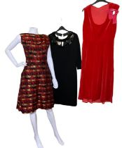 A red velvet 1950s dress with grosgrain bow, a strappy red wiggle dress with bow back, a red gold