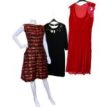 A red velvet 1950s dress with grosgrain bow, a strappy red wiggle dress with bow back, a red gold