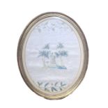 A 19th century framed embroidery- a magnolia silk ground with a tomb and urn with trees on either