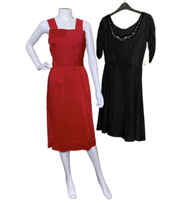 A red velvet 1950s dress with grosgrain bow, a strappy red wiggle dress with bow back, a red gold - Image 2 of 2