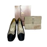 Late 1960s silk shoes in the 30s/40s style with platform sole and paste studded lucite bow detail,
