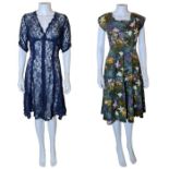 A 1957 going away dress and mother of the bride dress. The mother of the bride dress is navy blue