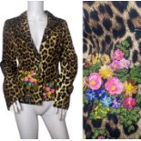 A leopard print vintage Moschino cheap and chic jacket with embroidered flower appliques. 39 inch