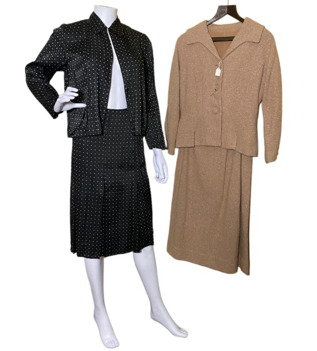 5 quality vintage women's suits to include a 1930s silky jacquard skirt suit, a 1950s Best & Co