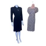 1940s and later clothing to include a black wool shirtwaist dress with heavily padded shoulders, a