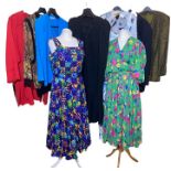 mostly 1980s clothing to include a floral frank usher dress, a parigi sundress with crepe jacket,