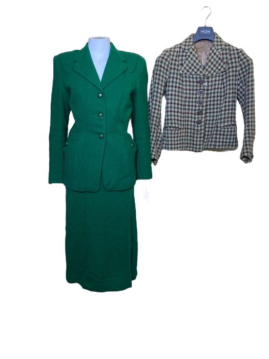 An emerald green 1940s suit with a herringbone weave by Allen of Derby and a 1940s Otterburn tweed