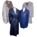 A 1960s women's blue leather jacket, sheepskin coat and 70s black leather coat, along with a men's