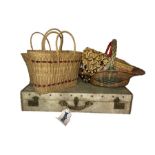 Three 1940s baskets to include a good sized wicker trug, a shopping basket with telephone cord