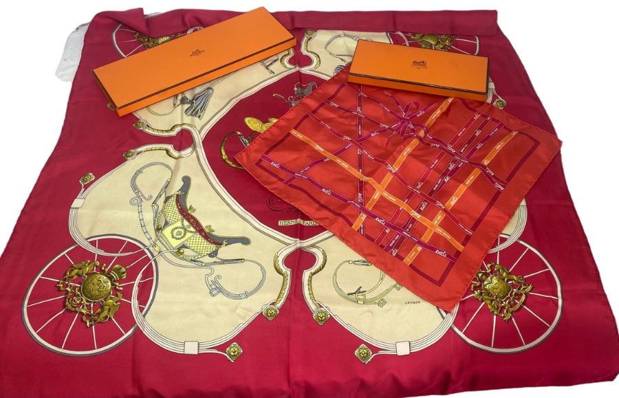 2 boxed Hermes silk scarves to include a 1974 'Springs' scarf by LeDoux 35" square and a 1983 red