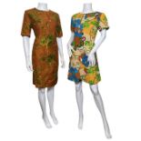 13 vintage 1960s dresses and one blouse, prints in oranges and yellows (14) generally good