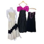 Two colourblock vintage evening gowns to include a late 1940s fully boned, strapless gown with