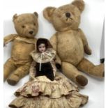 Antique Teddy Bears Nursery Toys all original  to include a doll Dolly bag with bisque head -