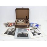 Vintage 45's 7 inch singles and LP Records plus a portable turntable. Handy Gram plus lps of Duran
