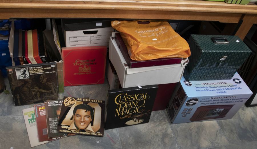 8 x boxes of LP's, 45's, box sets and a steepletone record player in box. The records including