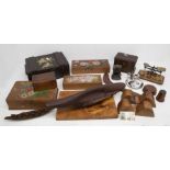 Collection of treen boxes and other treen items, including Mauchline ware money box, post office