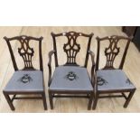 A set of 18th Century style mahogany dining chairs, baluster pierced splats with pagoda style top