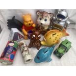 Money Boxes: A collection of assorted vintage money boxes to include Noddy, Winnie the Pooh,