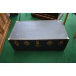 An early 20th Century travel trunk, blue ground, with metal fittings and studs, appears to be