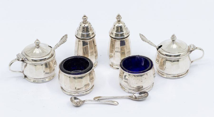 Two Modern silver three piece cruet sets, both faceted, hallmarked Birmingham, 1 x Elkington,