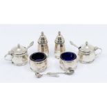 Two Modern silver three piece cruet sets, both faceted, hallmarked Birmingham, 1 x Elkington,