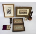 Collection of pictures - early 19th century etching, two Victorian needle work, horse races print of