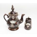 Late 19th century Barge ware tea pot (large) on stand along with Barge ware water jug made for the