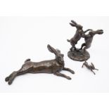 A Modern limited edition bronzed recumbent Hare, numbered 5/50, 16.5 cm long together with a bronzed