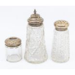 Two early 20th Century silver mounted large glass casters and a silver mounted ink bottle, various