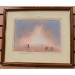A pair of  of Thomas Moore watercolours of stylised seaside views, 25 x 35cm, framed and glazed