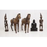 Wooden tribal figures, Buddha and small animal skin horses