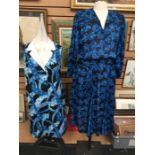 A blue silk dress, circa 1980's, size 14/16; a heavy cotton mini dress, floral design, 1960's,