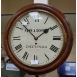 19th century round wall clock Eyre & Sons Ltd Chesterfield fusée movement, Roman numerals, oak case