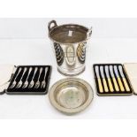 An Art Deco silver plated two handled ice bucket / wine cooler together with an EPNS bon bon dish, a