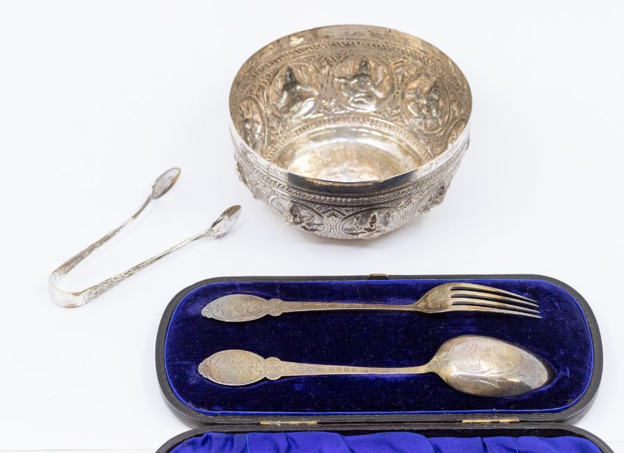 A pair of Victorian silver christening fork and spoon, engraved decoration, hallmarked by Hilliard &