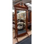 Large reproduction Georgian, mahogany, cheval bedroom mirror with column supports, carved finial