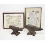 Two small blacksmith/metal working irons along with hand tinted map of Derbyshire