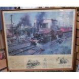 Framed print by Cuneo, 1968, of a steam engine, along with an unframed print of Bentley's taking