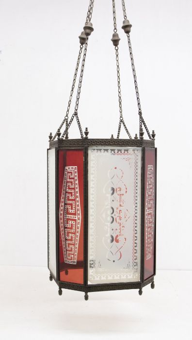 A Victorian style shaped octagonal glass and metal hall lantern, etched clear and ruby glass inserts - Bild 2 aus 2