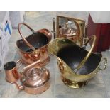 Collection of 19th century copper coal scuttles, fire irons, brass swing toilette mirror, and