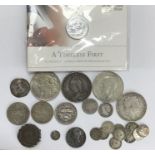 A collection of silver coins including Elizabeth I 1581 Sixpence, American 1923 Peace Dollar, Crowns