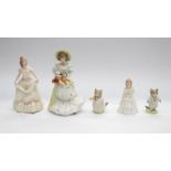 Three Royal Doulton lady figures including Jane, Nicole, Julie, along with two Royal Albert