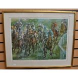 Print of the 1970 Derby signed by the author along with other horse racing prints, all framed